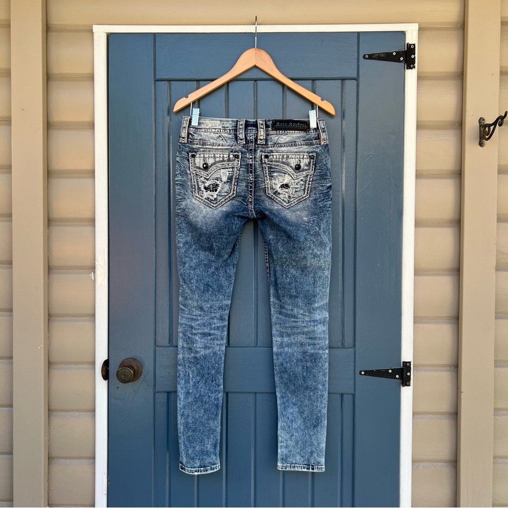 Rock Revival Mid Rise Ankle Skinny Jeans with Embroidered Pockets Women size 26